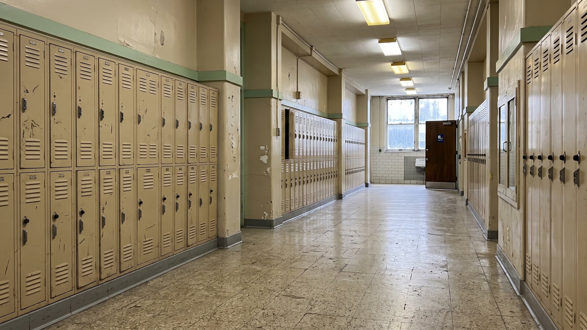 An empty high school corridor outside a restroom, the setting behind the youth vaping figures the slide cites without depicting any minors.