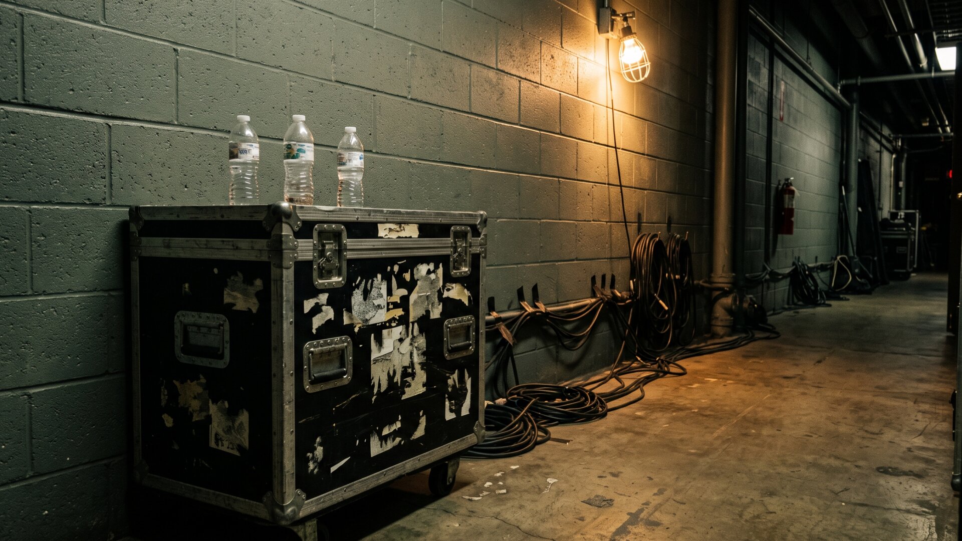 A tour case and water bottles backstage before a performance, the working context in which the slide says Gomez is attempting to stay off nicotine.