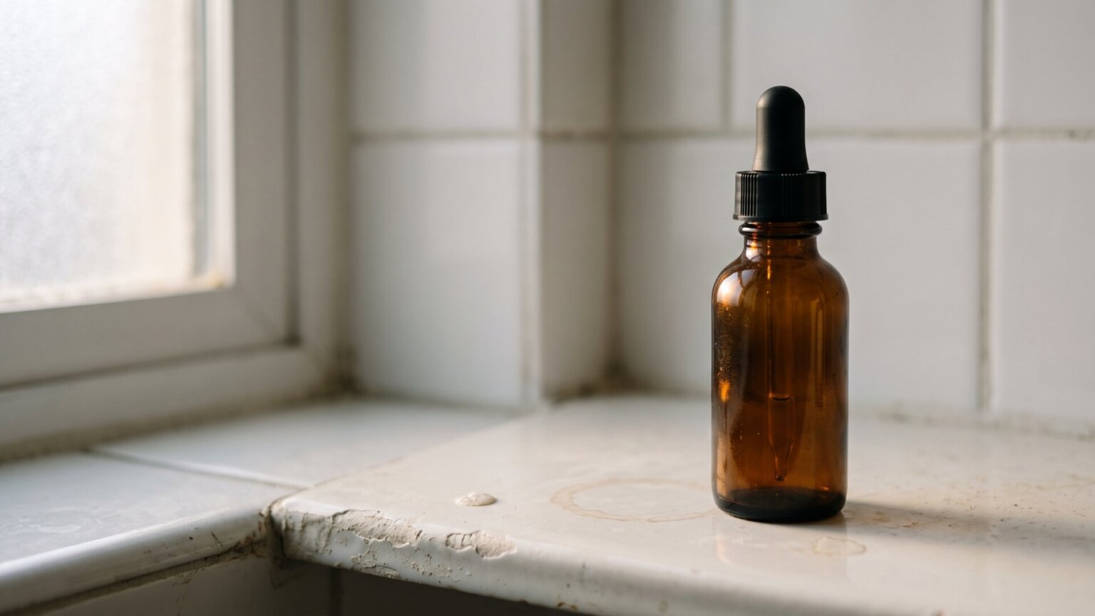 A single unmarked amber dropper bottle on a bathroom shelf, standing in for the serum category at the center of the story without depicting any real brand.