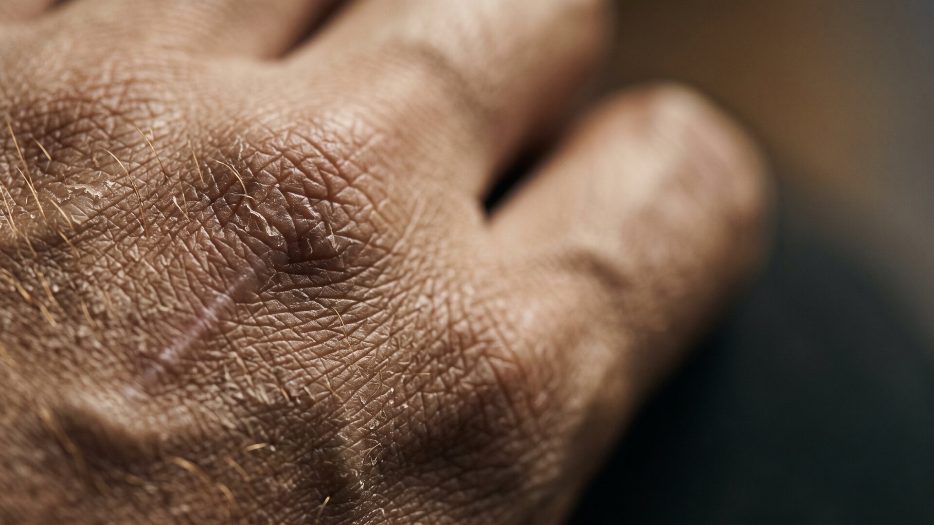 A macro view of dry, layered skin texture on a knuckle, showing the physical barrier slide 3 describes rather than illustrating it as a diagram.
