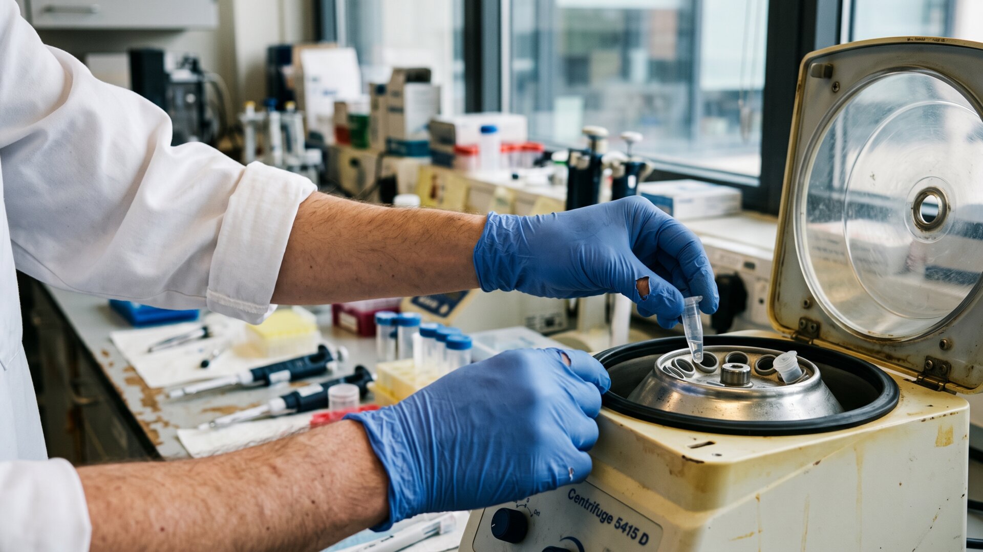 Gloved hands loading a benchtop centrifuge, the kind of isolation step slide 5 says exosome products have no standard for.