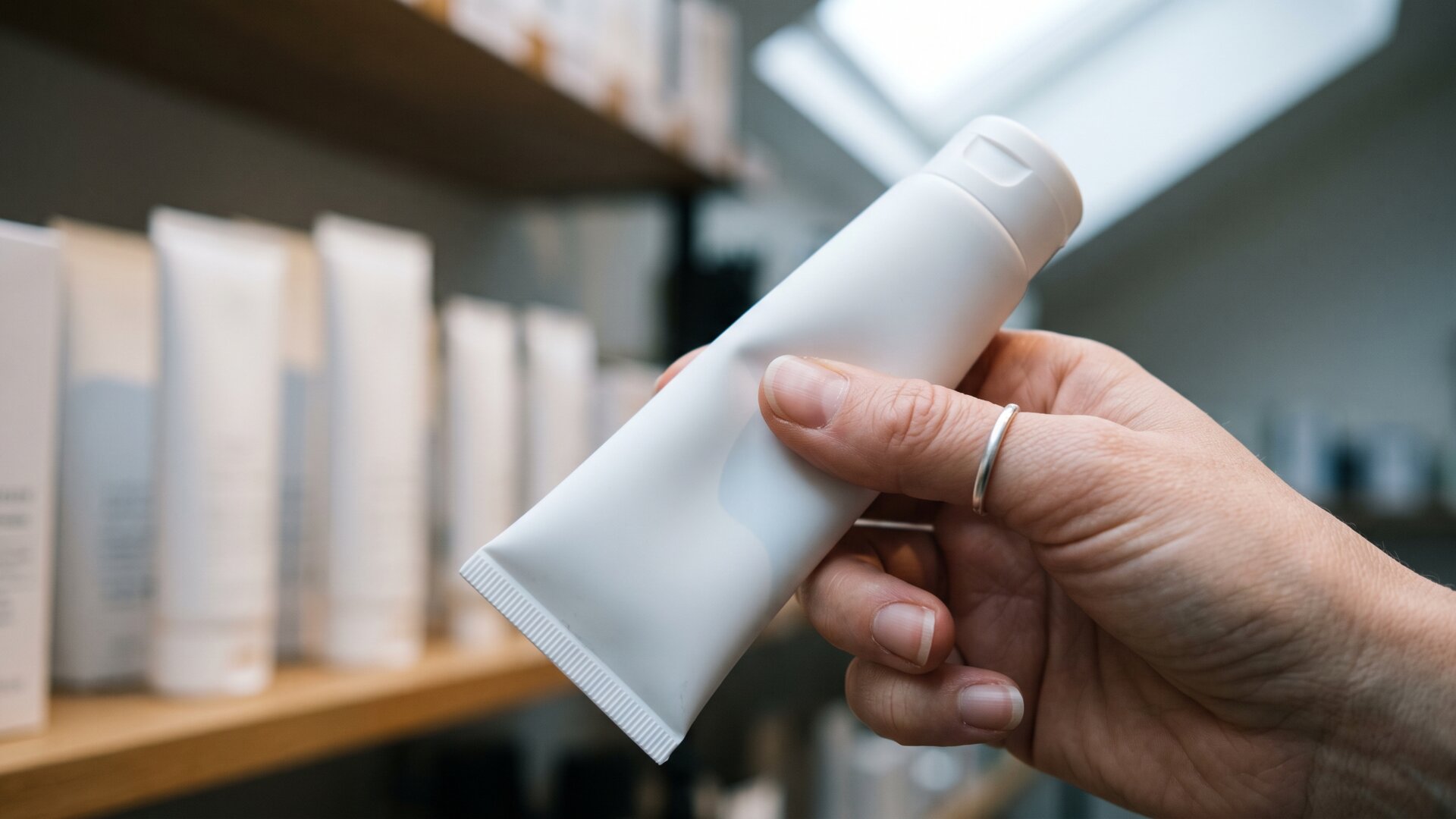 A hand turning a plain tube to read the back panel, matching slide 7's point about what ingredient lists do and do not reveal.