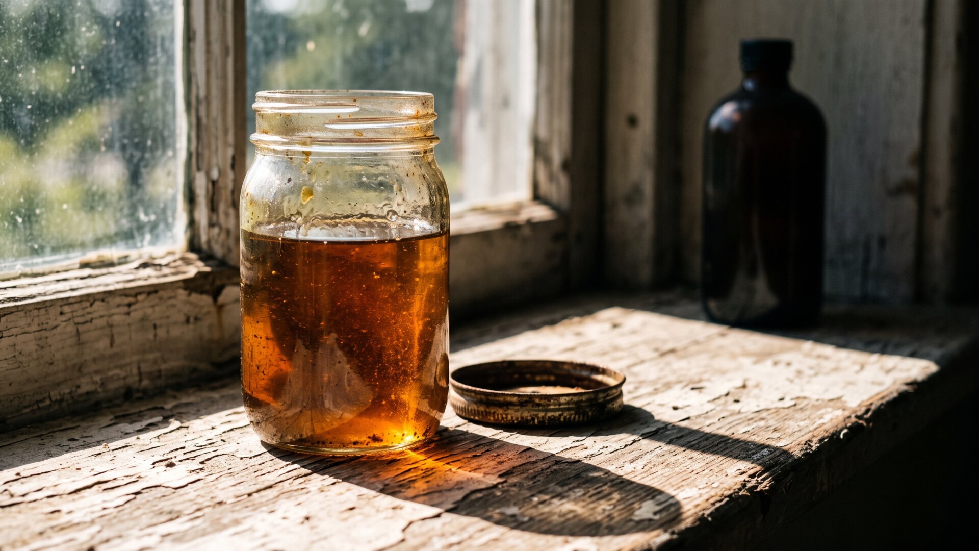 An oxidized liquid in a clear jar on a sunlit sill, the exact failure case slide 8 describes for L-ascorbic acid.