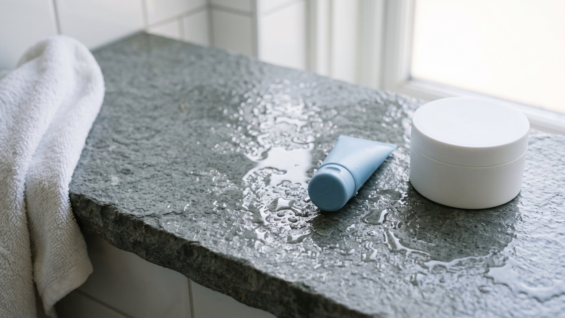 A bathroom counter holding one morning product and one evening product, the two-step foundation slide 9 describes.