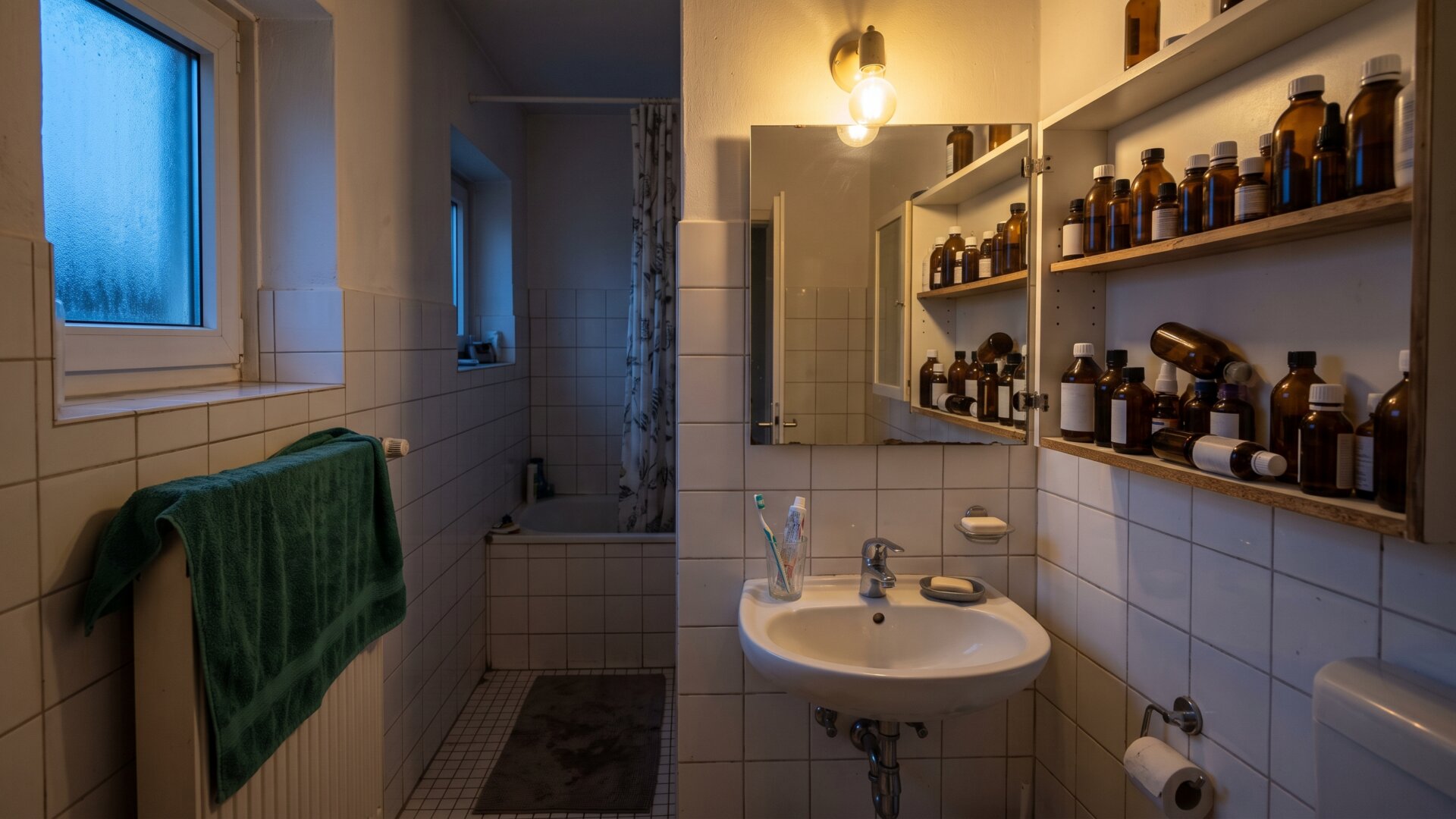 A bathroom at the end of the day with the cabinet open and products pushed aside, the restraint slide 10 argues for.