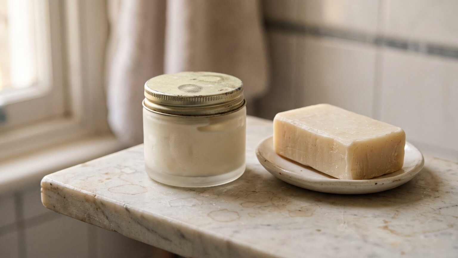 A plain glass jar of cream and a bar of unmarked cleanser on a bathroom shelf, the two-item routine slide 1 describes, shown as objects rather than as the designer herself.