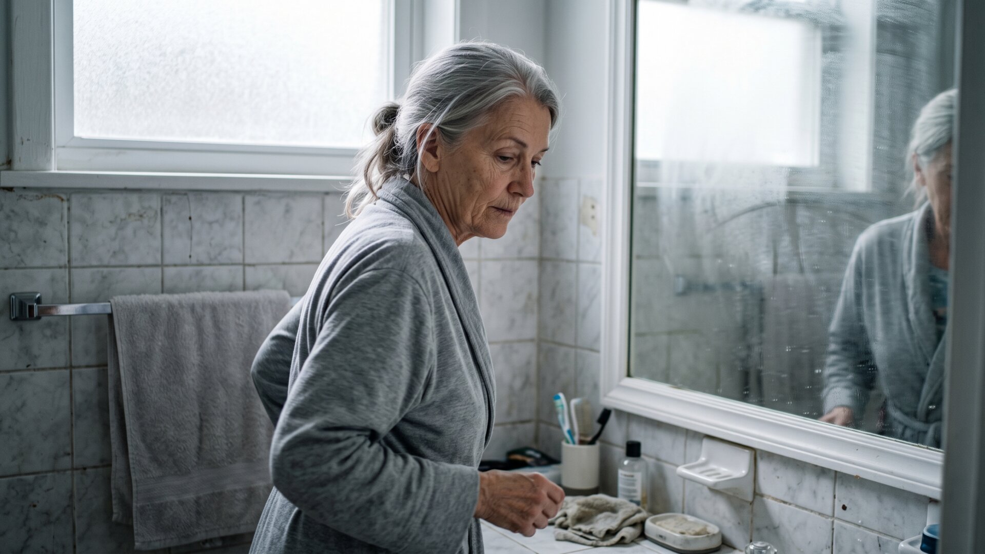 A woman's face partly out of focus behind a bathroom mirror's reflection, matching slide 2's point that appearance is shaped by many inputs and read through many filters.
