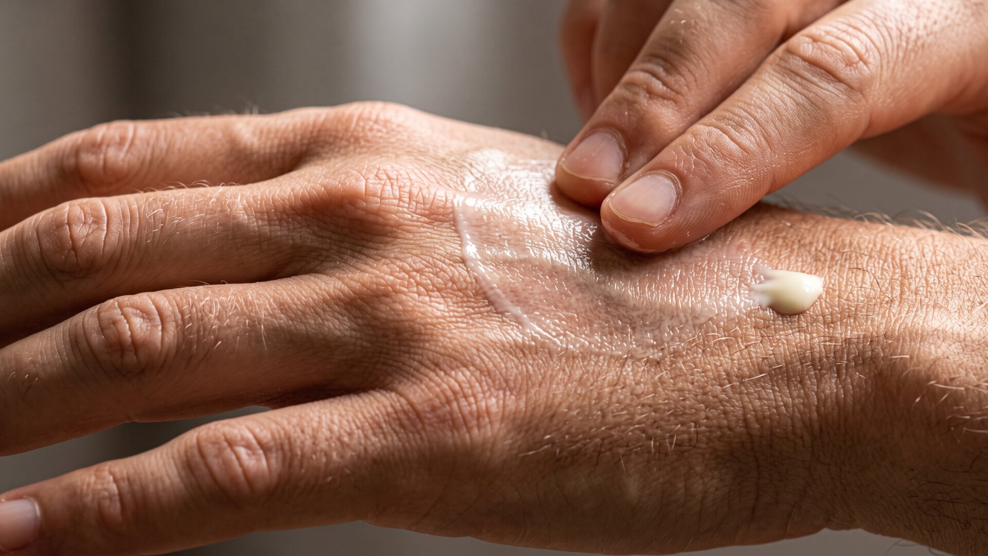 Macro detail of cream spread thin on skin, the surface-level barrier function described in slide 3.