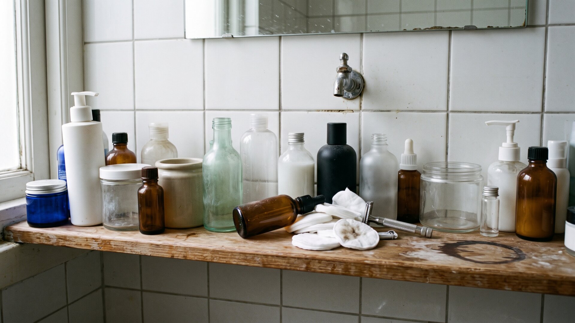 A long row of unmarked bottles on a shelf, the ten-step retail format slide 4 contrasts with a two-item routine.