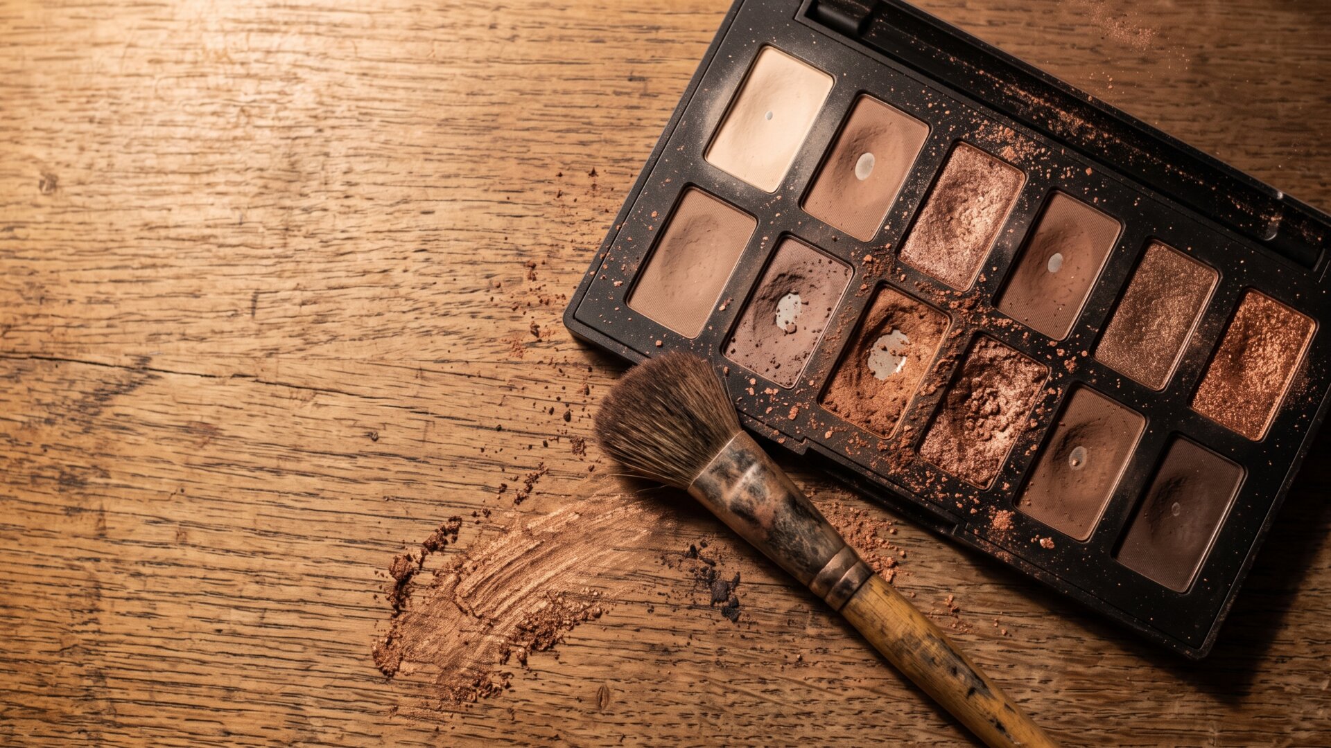 An open neutral-toned eyeshadow palette with a used brush, the one makeup product category named in slide 5.