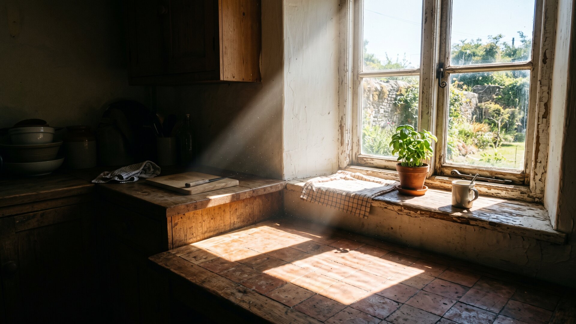 Strong sunlight falling across a kitchen window sill, the ultraviolet exposure slide 8 identifies as the missing step.