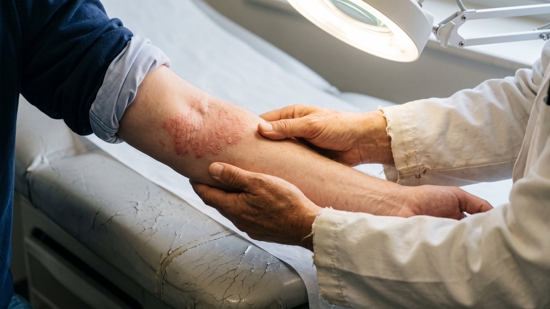 A clinician's hands examining a forearm under a lamp, the professional reasoning behind short routines in slide 9.