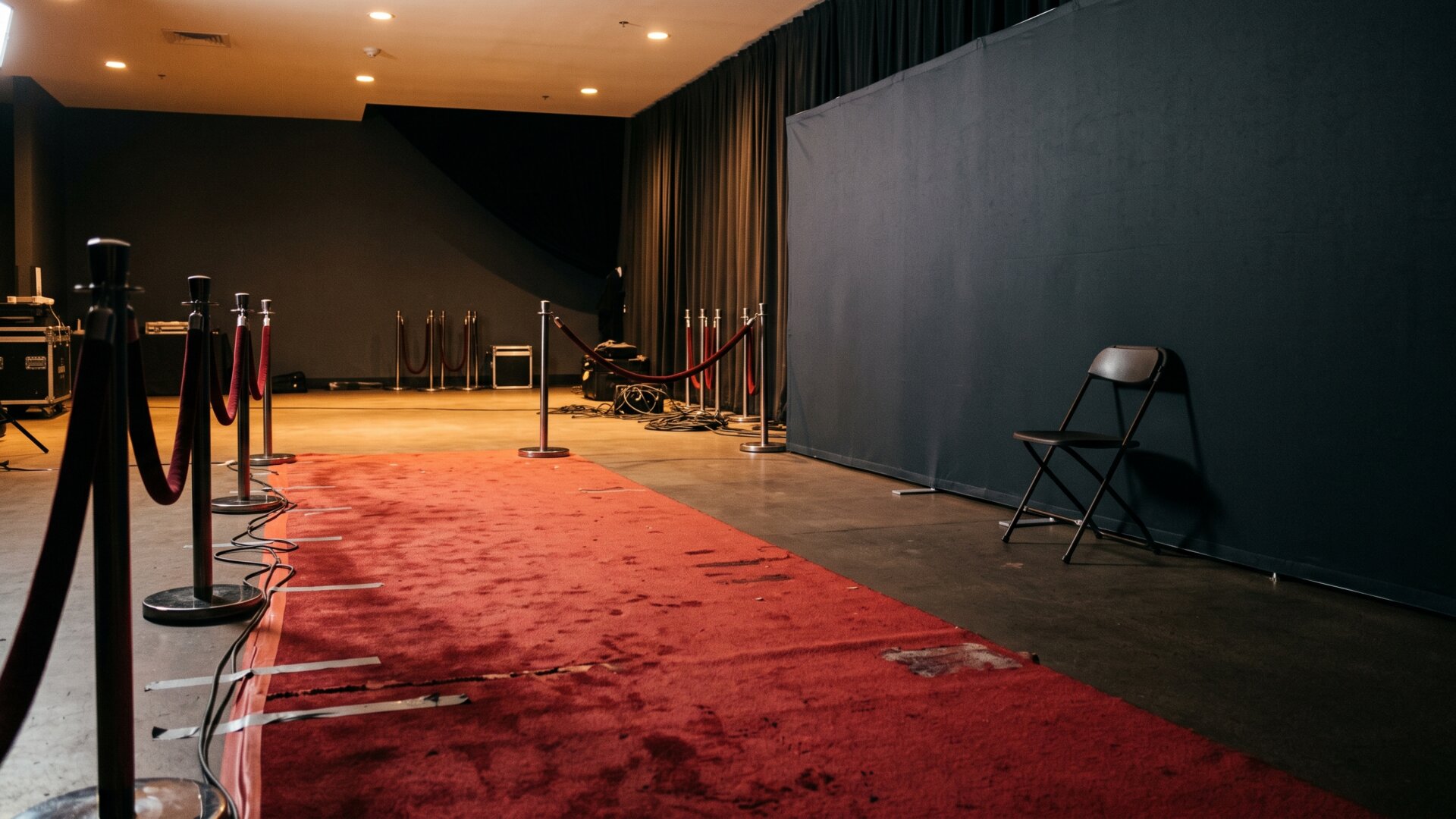 An empty red carpet press line after an event, the gala interview setting of slide 10 once the subject has moved on.