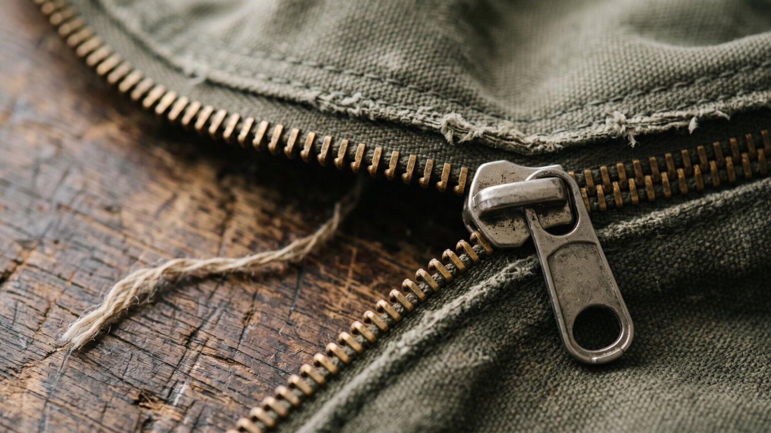 This Simple Trick Could Save a Zipper You Thought Was Ruined A macro frame of a split zipper on a canvas bag with the slider sitting above the gap, which is the exact failure slide 1 describes.