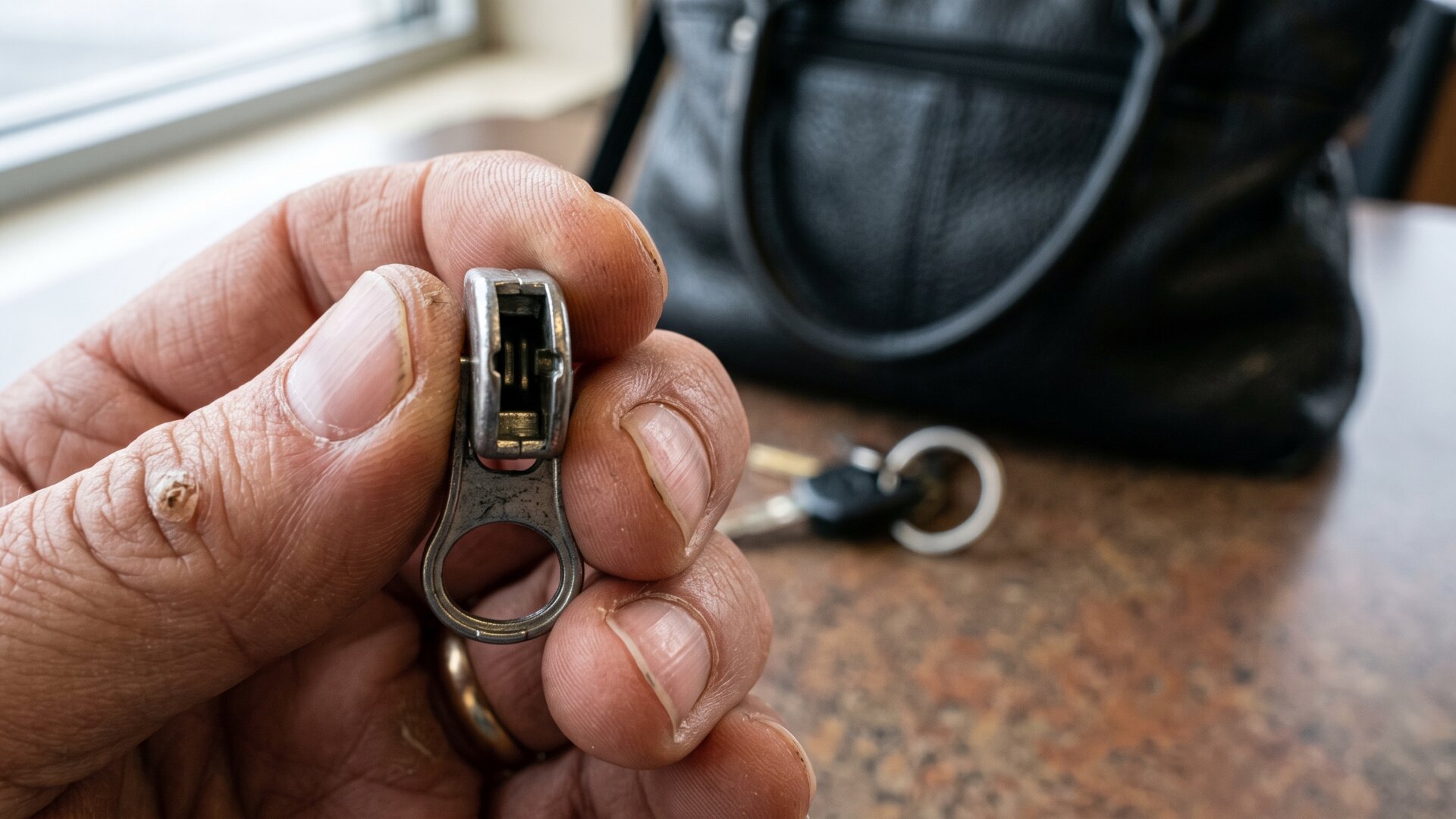 A slider held end-on between fingertips so both mouths are visible, matching slide 2's instruction to compare the two openings.