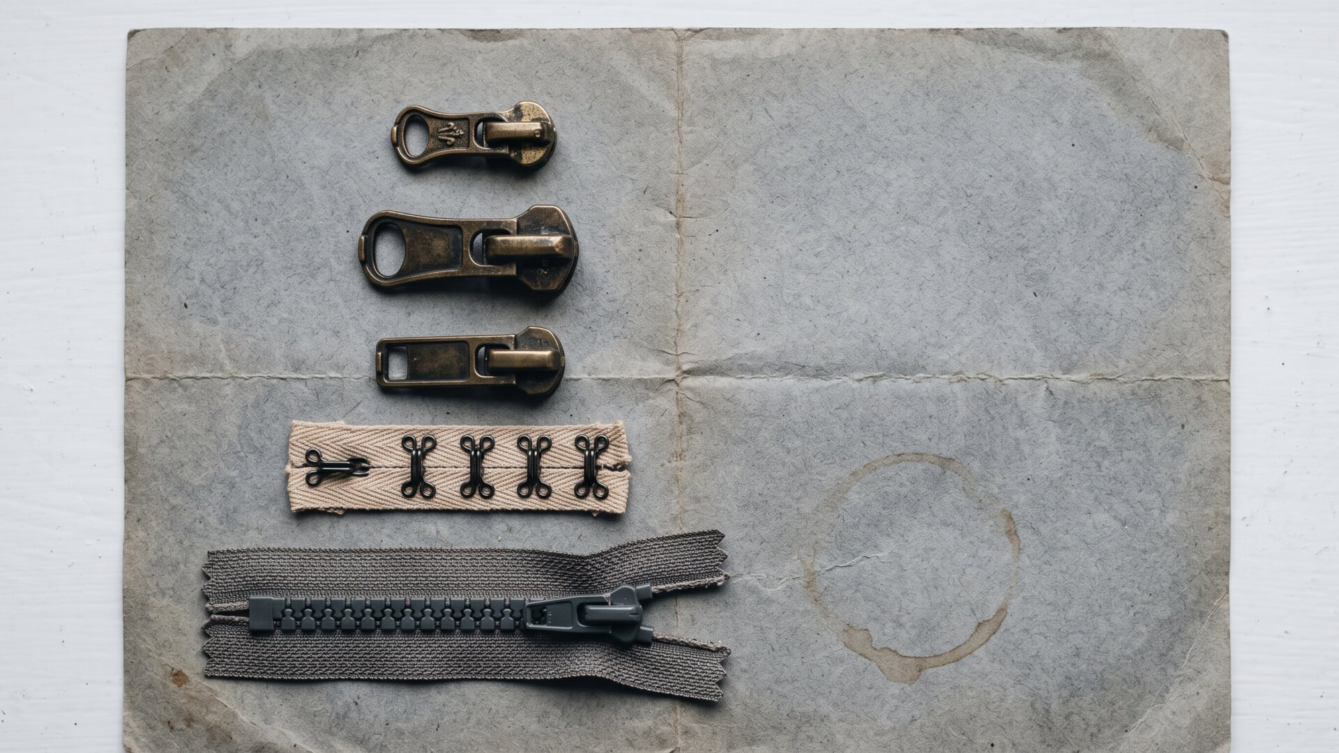 An arranged still life of antique and modern zipper hardware, carrying the 1893 and 1913 history on slide 3 without faking an archival photograph.