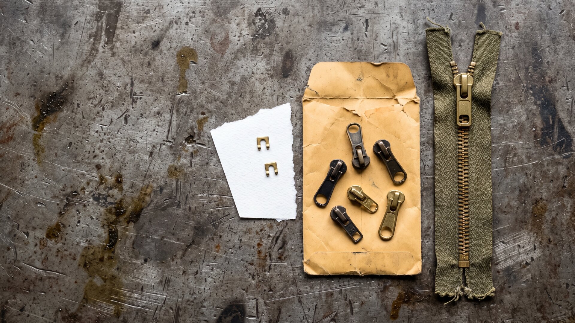 A still life of replacement sliders and reclaimed stops beside a finished zipper, closing on slide 10's point that some sliders get replaced rather than reshaped.