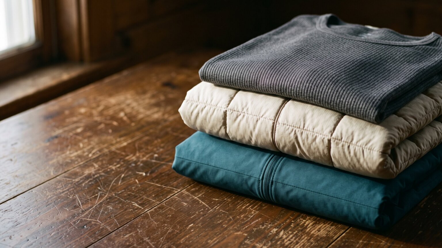 A folded stack of three distinct garment types on a wooden surface, showing the base, middle and outer layers that slide 1 describes as the structure of the system.