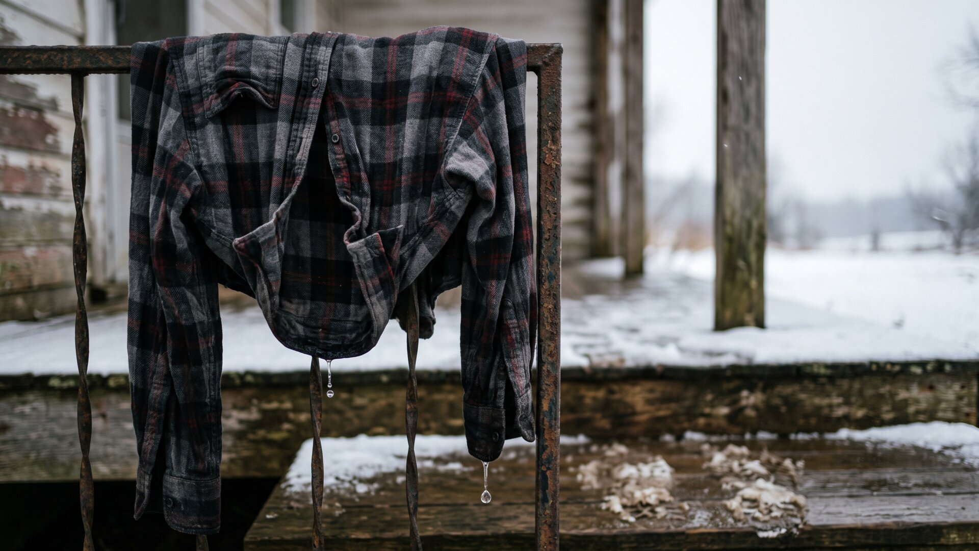 A sodden cotton shirt draped over a rail, illustrating slide 2's point that cotton absorbs water and takes forever to release it.
