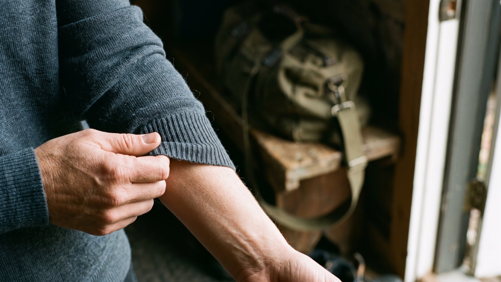 Hands pulling a snug knit base layer sleeve down a forearm, showing the skin contact that slide 3 identifies as the requirement for wicking.