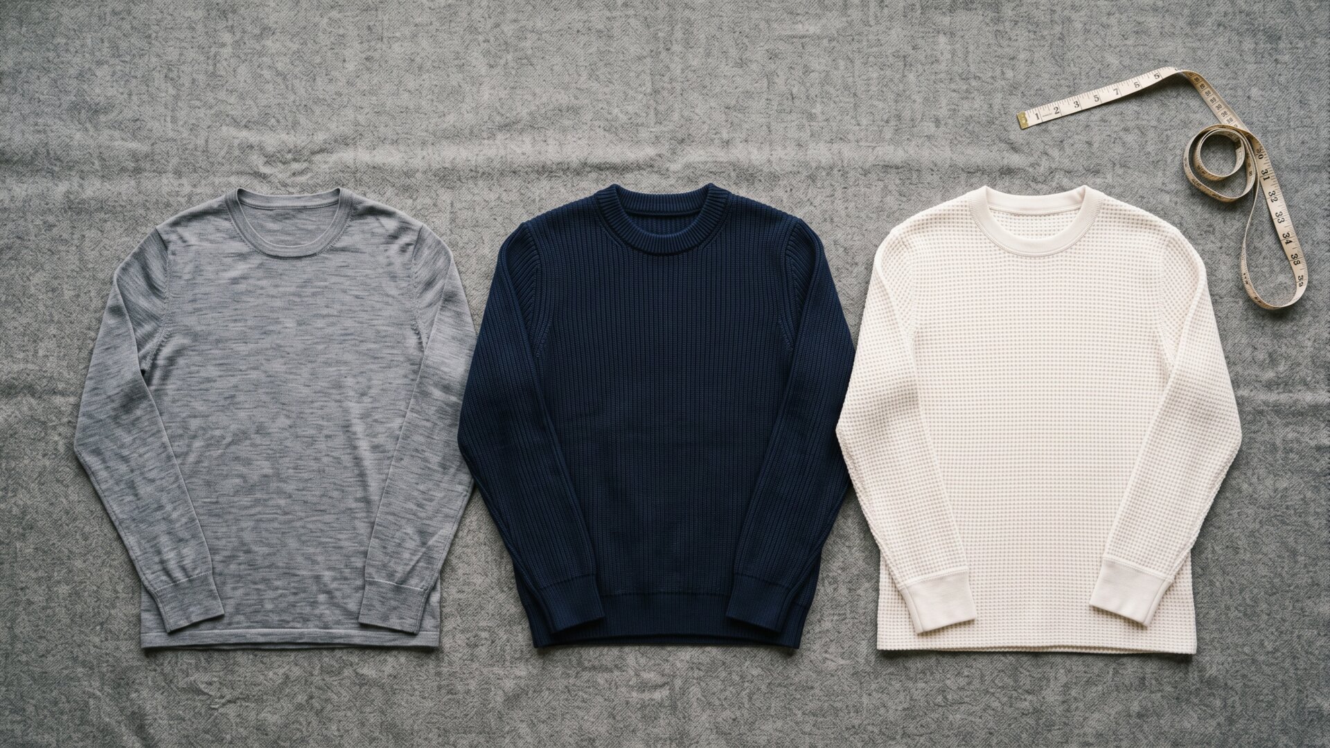 Three base layer garments of visibly different thickness laid side by side, matching slide 4's lightweight, midweight and heavyweight comparison.