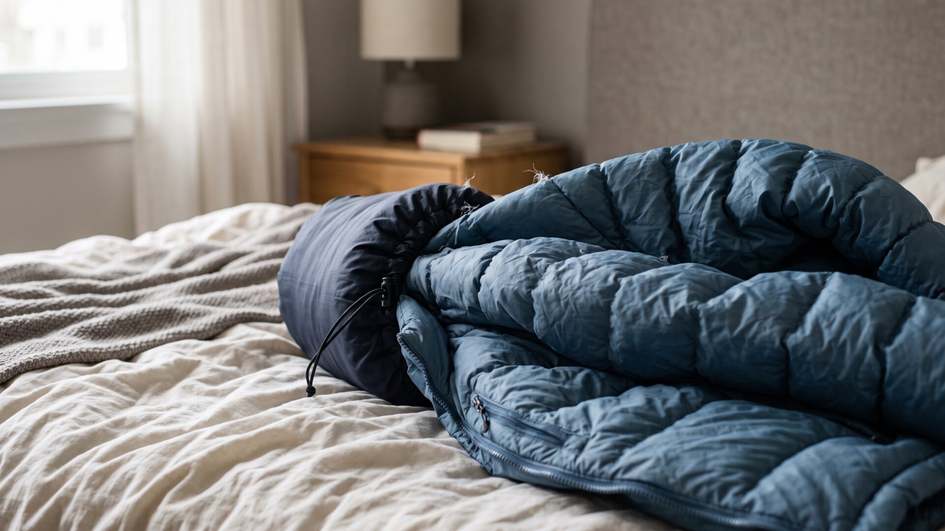 A compressed puffy jacket releasing its loft on a bed, the trapped-air mechanism slide 5 describes when explaining down and synthetic fill.