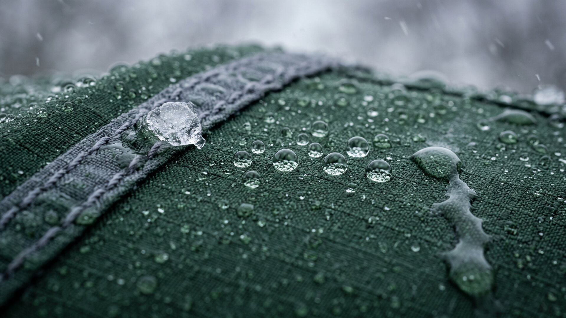 Water beading and running off a shell fabric surface, the waterproof performance slide 6 contrasts against water resistant.
