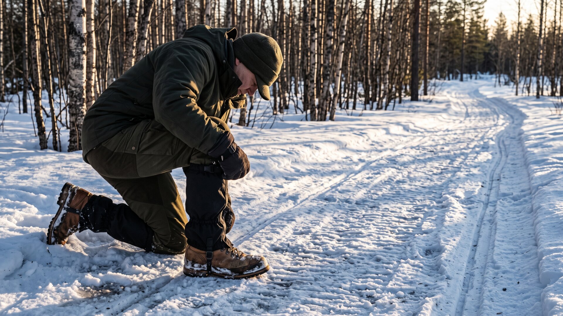A hiker fastening gaiters over boot tops in snow, the ankle coverage slide 7 says most people overlook.