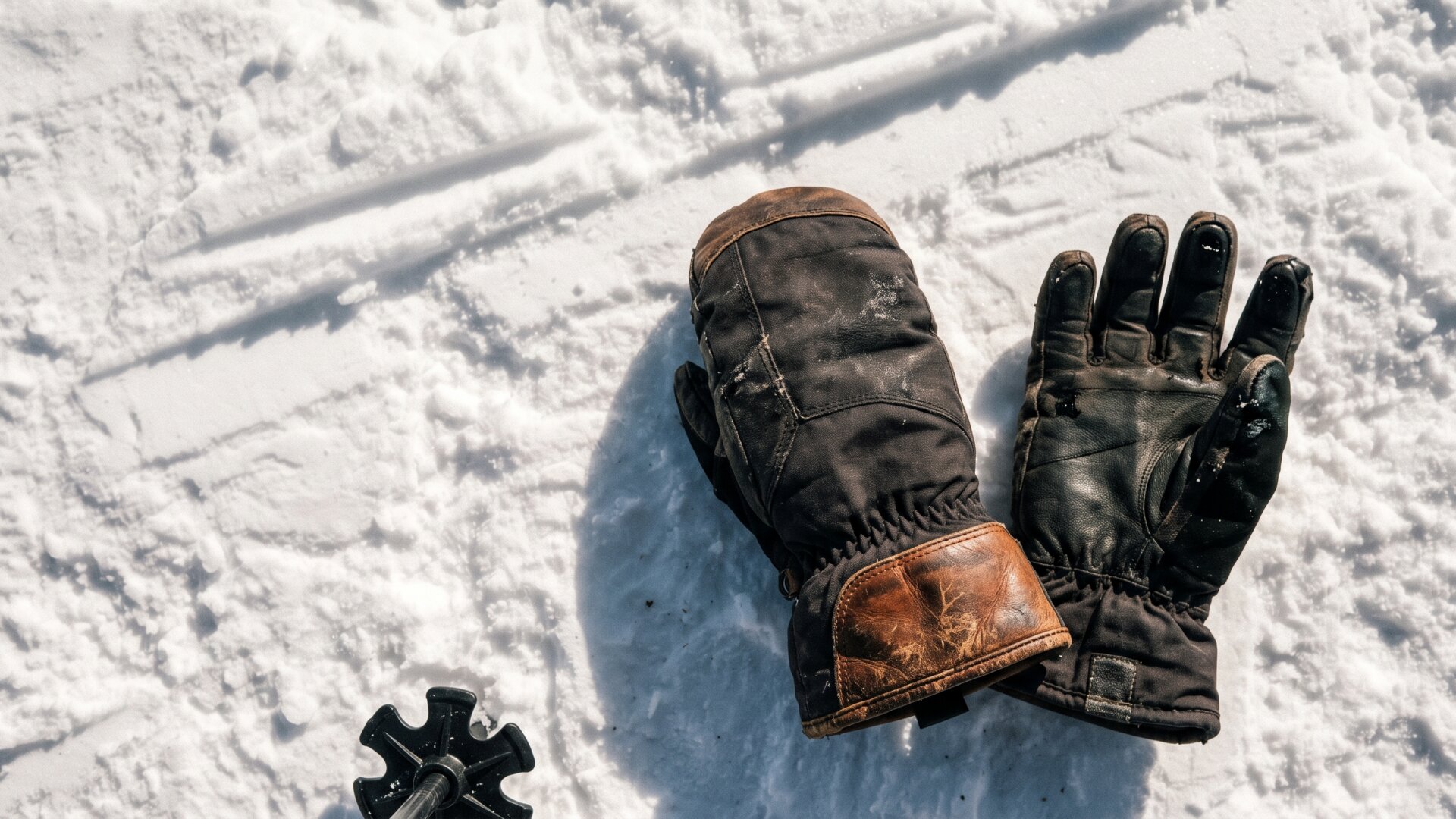 A mitten and a glove laid together on snow, the direct comparison slide 8 makes about shared versus separated fingers.