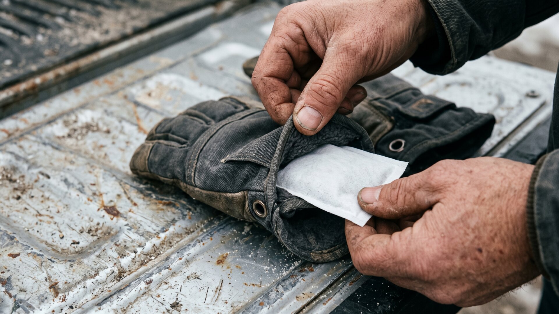 A commercial chemical hand warmer packet being slipped into a glove, the supplementary heat source slide 9 lists for chronically cold hands.