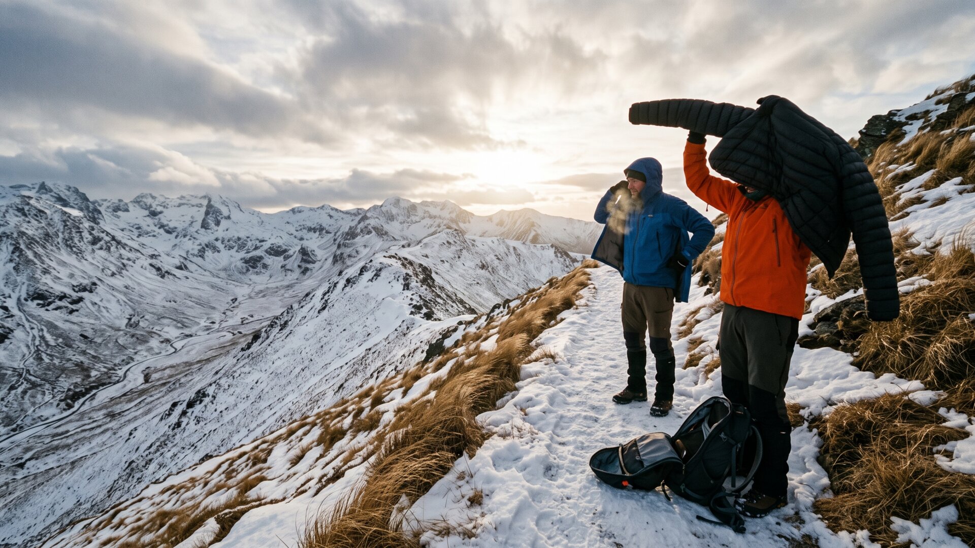 Two people pausing on a trail to swap layers mid-walk, the pre-emptive adjustment slide 10 argues for.