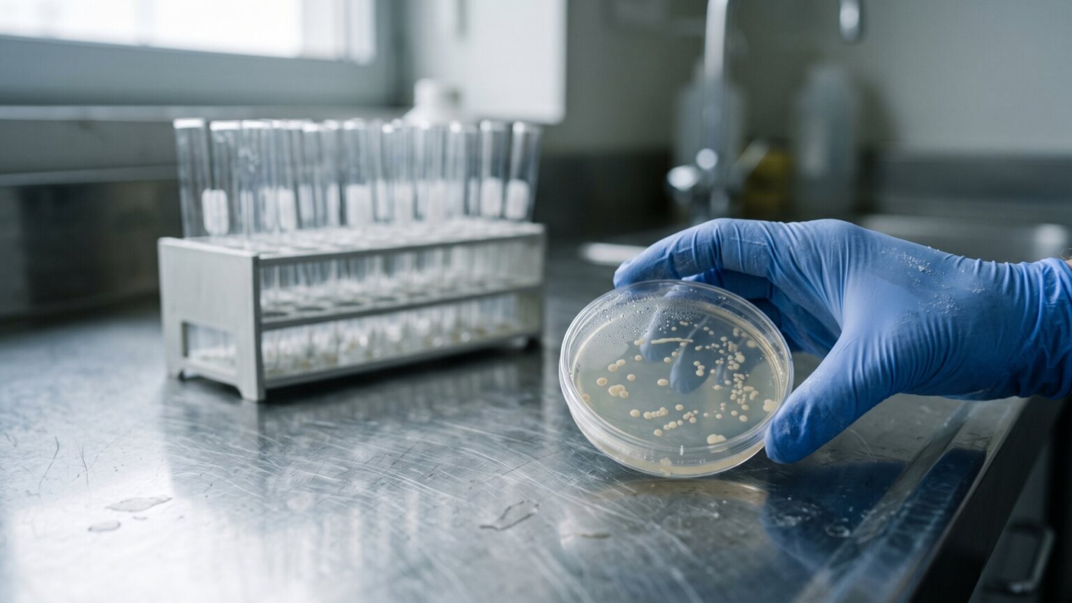 A tight macro of a gloved hand lifting a culture plate under lab light, standing in for the bacterial work at the center of the study without depicting the researchers or the institution.