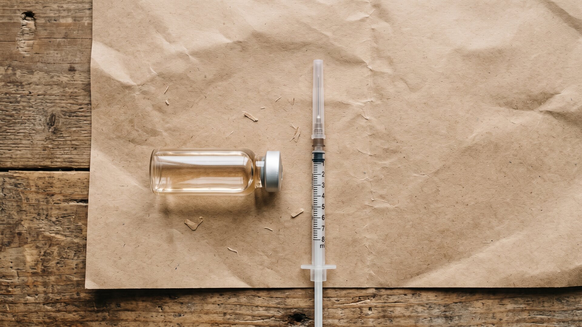 A plain glass vial and a disposable syringe laid on paper, referencing the contrast slide 2 draws between the natural hormone and its engineered copy, without showing any branded product.