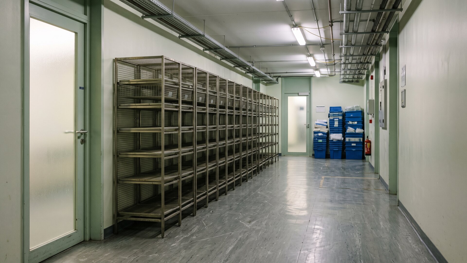A wide view of an empty animal research corridor with cage racks, matching slide 3's account of the mouse genetics work while showing no animals and no identifiable facility.