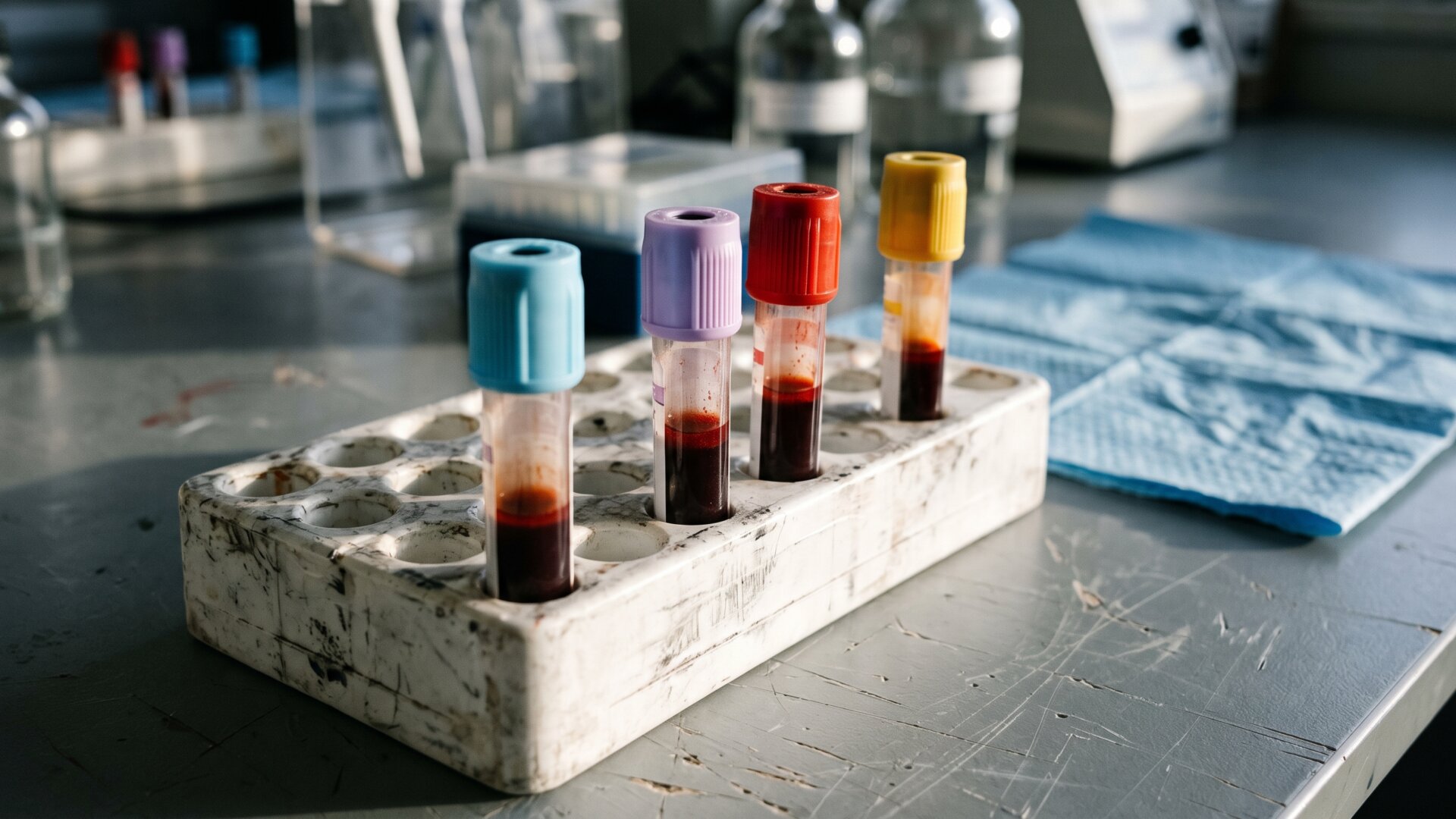 Close-up of blood collection tubes in a rack, tied to the 84 human blood samples described on slide 4.