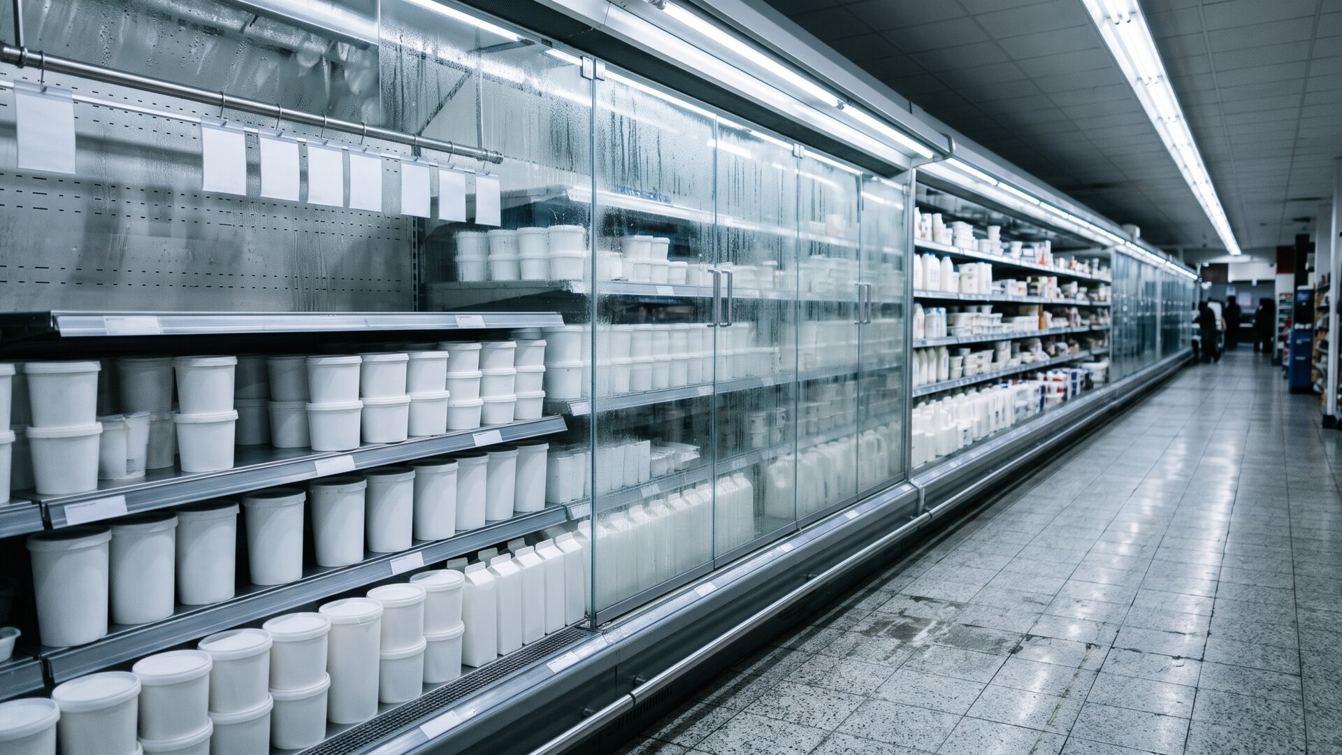A supermarket chiller aisle with unmarked tubs, illustrating slide 7's warning against reading the study as a product recommendation.