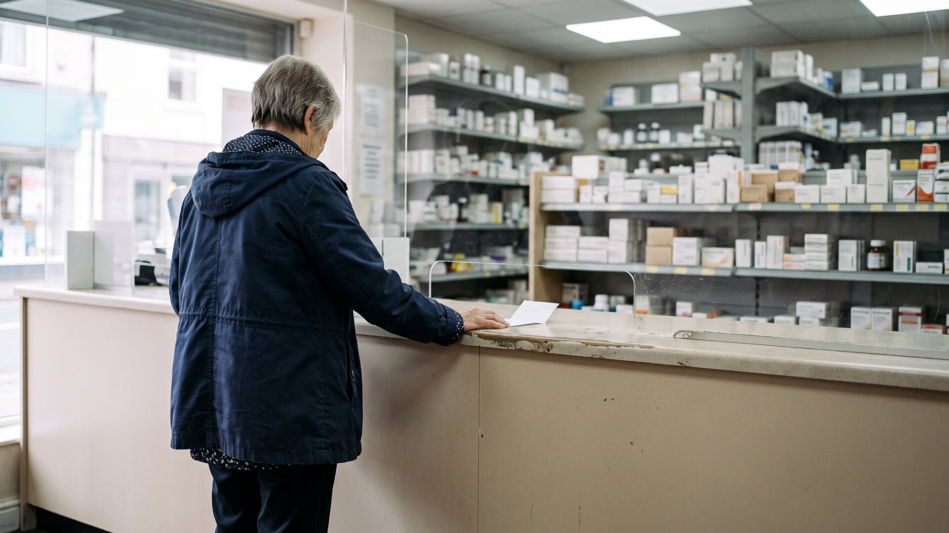 A pharmacy counter seen over the shoulder of a customer, matching slide 8's cost and counterfeit market context without showing any medication or brand.
