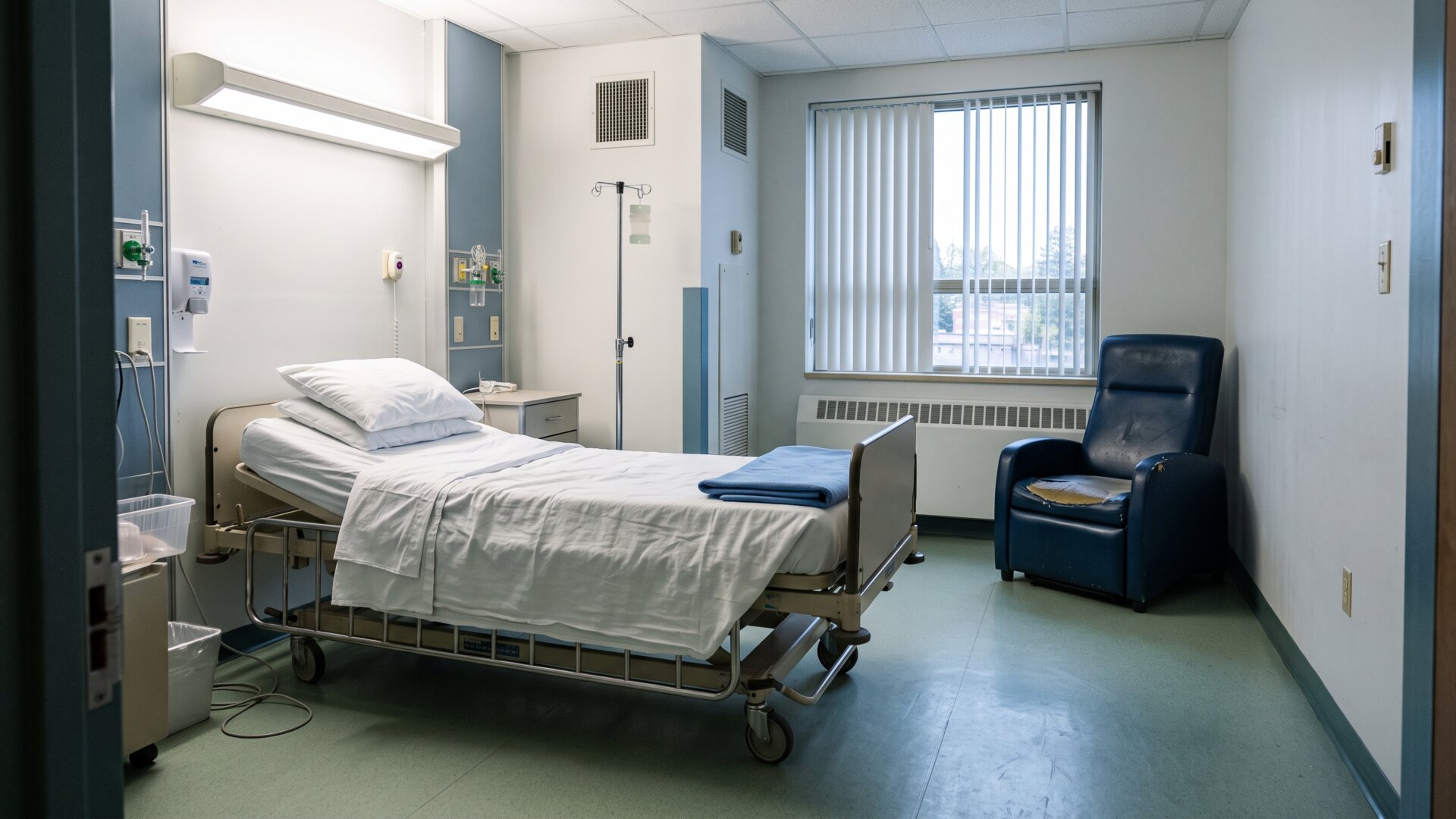 An empty hospital room corridor-side view with a made bed, matching slide 2's seven-day inpatient stay and its daily copay structure.