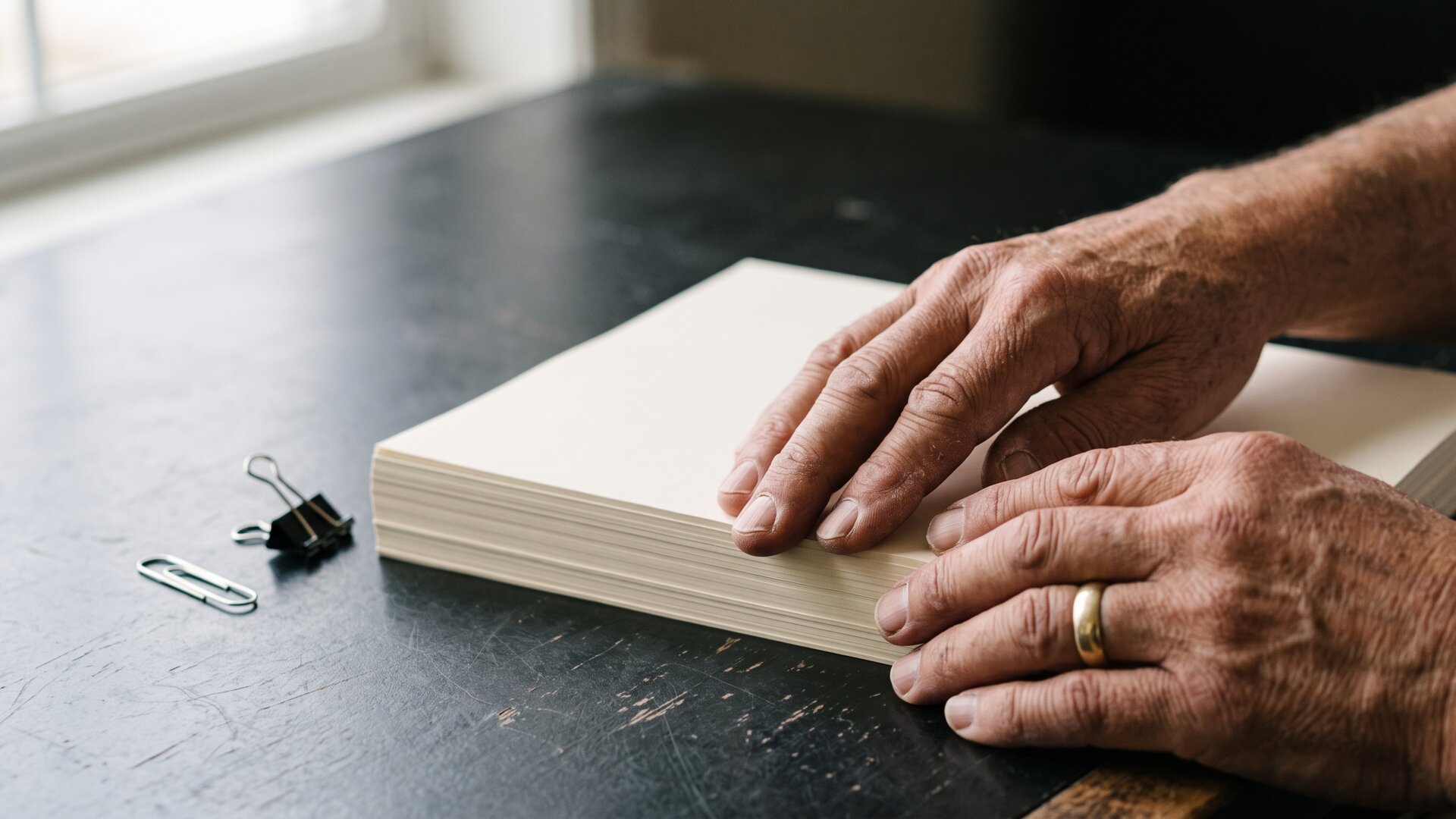 Hands sorting a stack of unmarked contract pages, illustrating slide 3's point that Part C is fundamentally a private insurance contract.