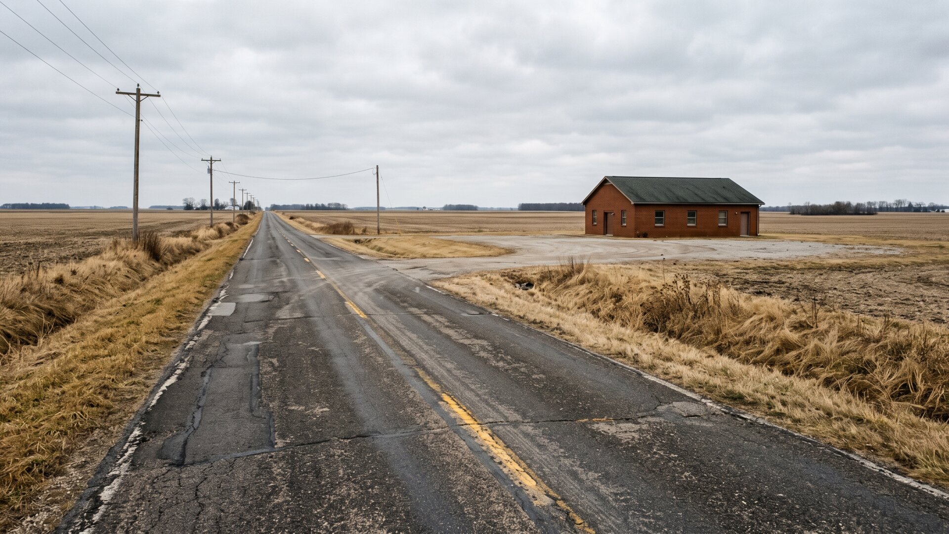 A two-lane rural road with a single distant building, which is what the 10.5% rural switching figure on slide 4 describes in geographic terms.