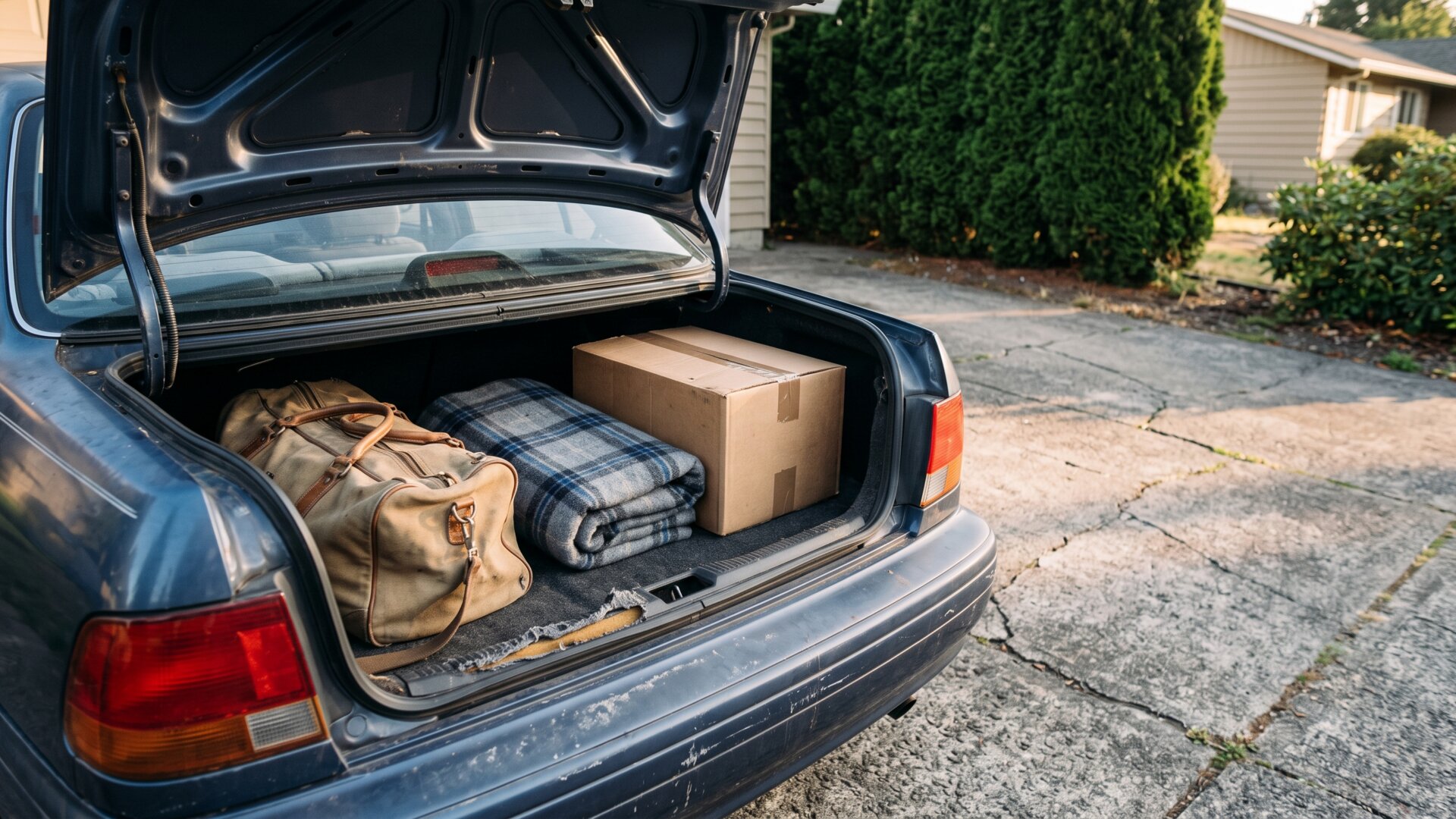 A packed car trunk at a driveway, tying to slide 5's point that Original Medicare travels across state lines while Part C service areas do not.