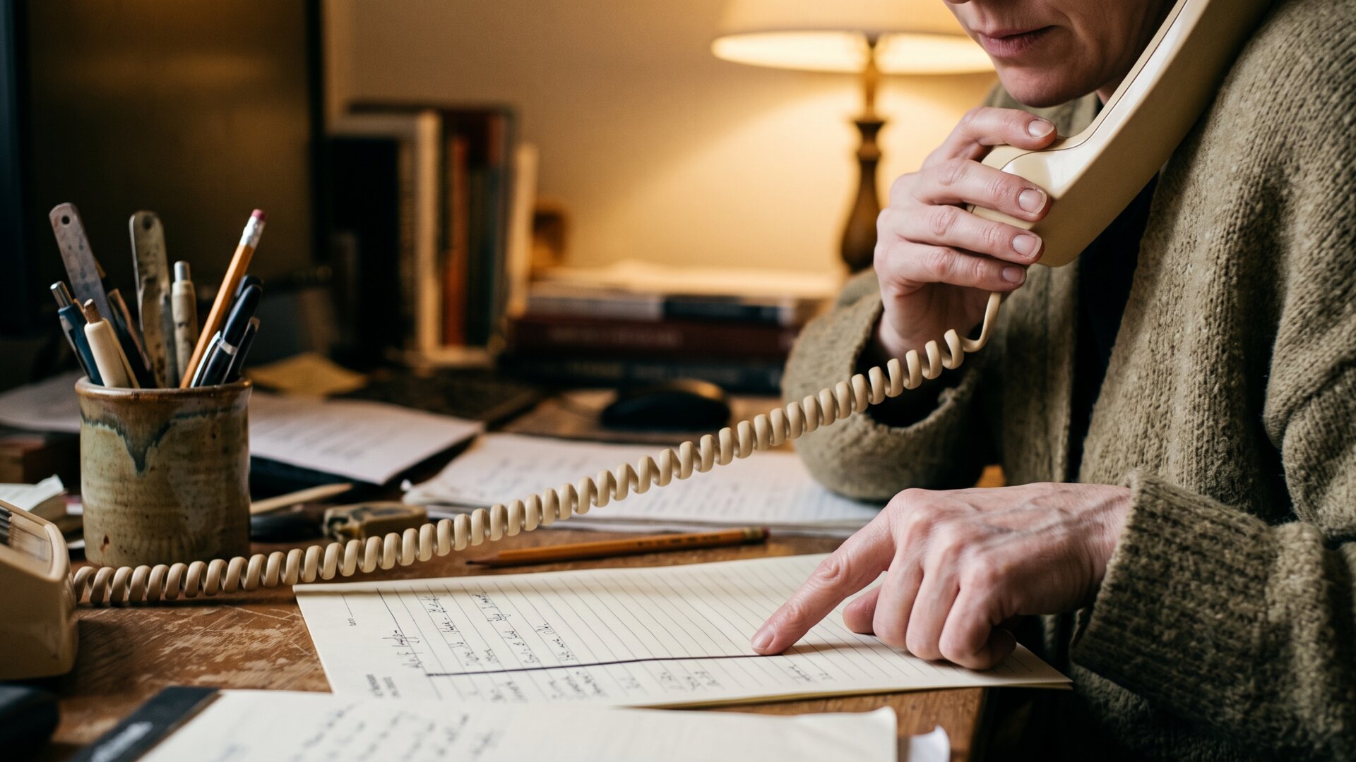 A hand holding a corded desk phone while a finger tracks down a blank printed list, matching the verification call slide 6 recommends.