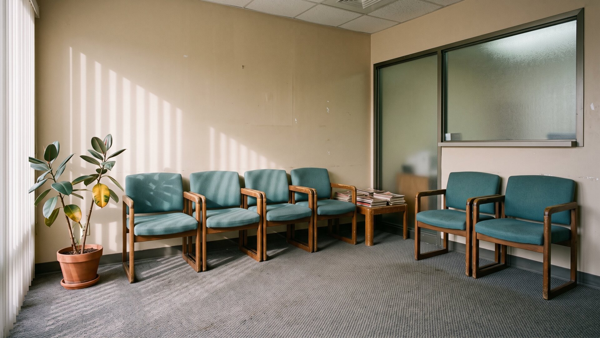 A medical office waiting area shot from a seated height, the setting where slide 7's referral and prior authorization surprises get discovered.