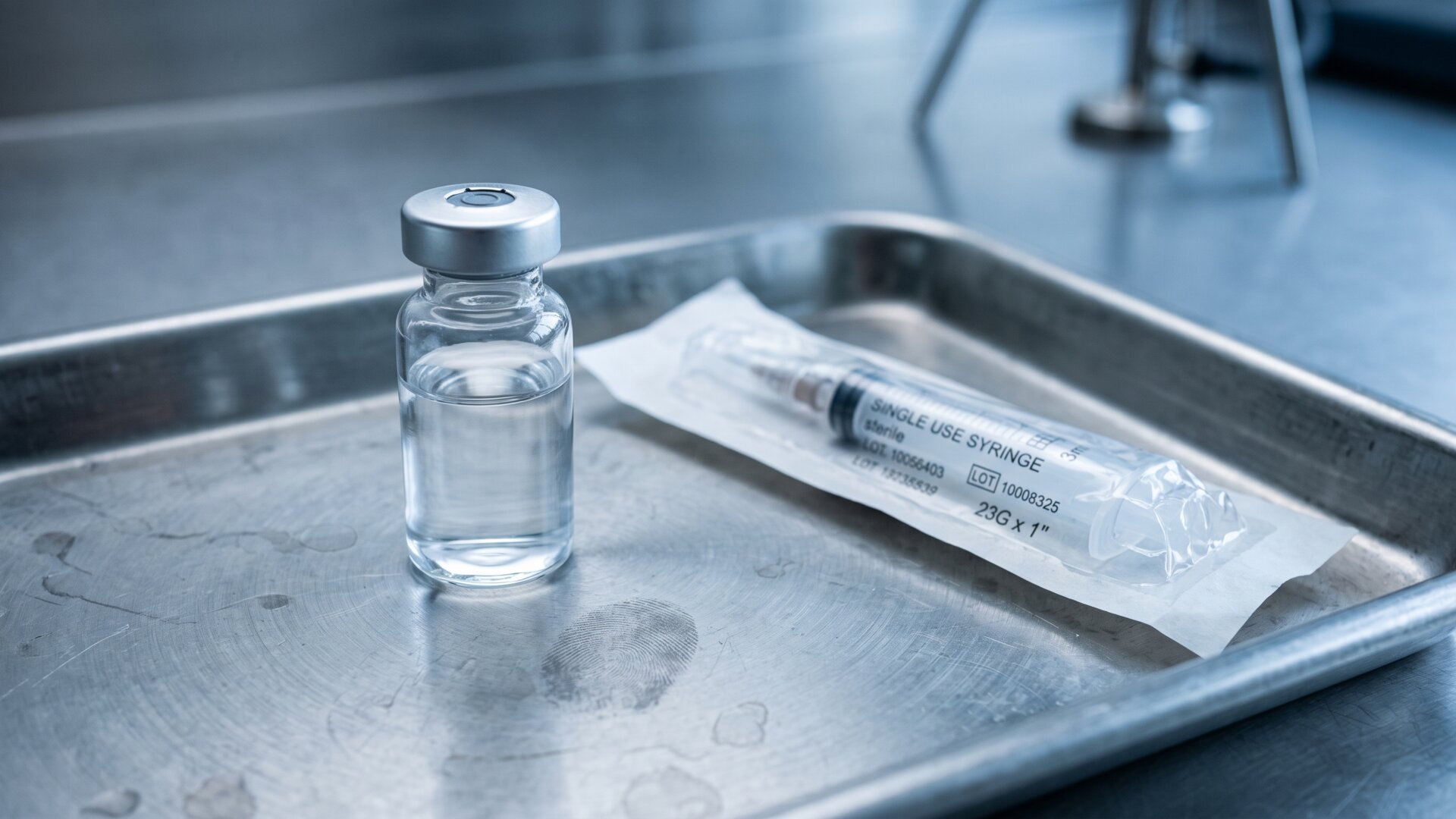 Macro detail of a glass vial and syringe on a stainless tray, which is the physical form of the injectable Part B drugs described on slide 8.