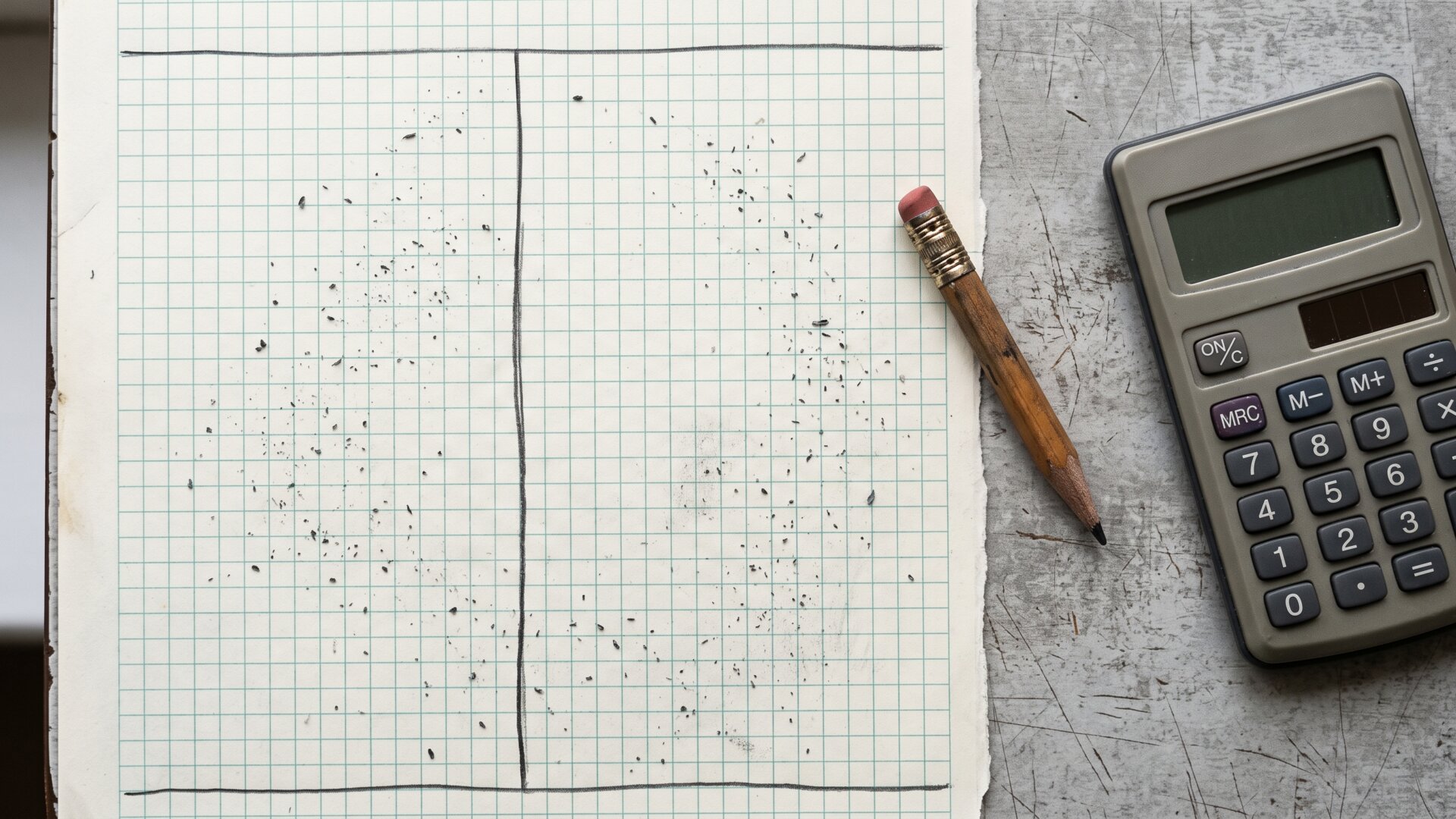A handwritten budget column on graph paper beside a calculator, representing the two competing cost structures slide 9 sets against each other.