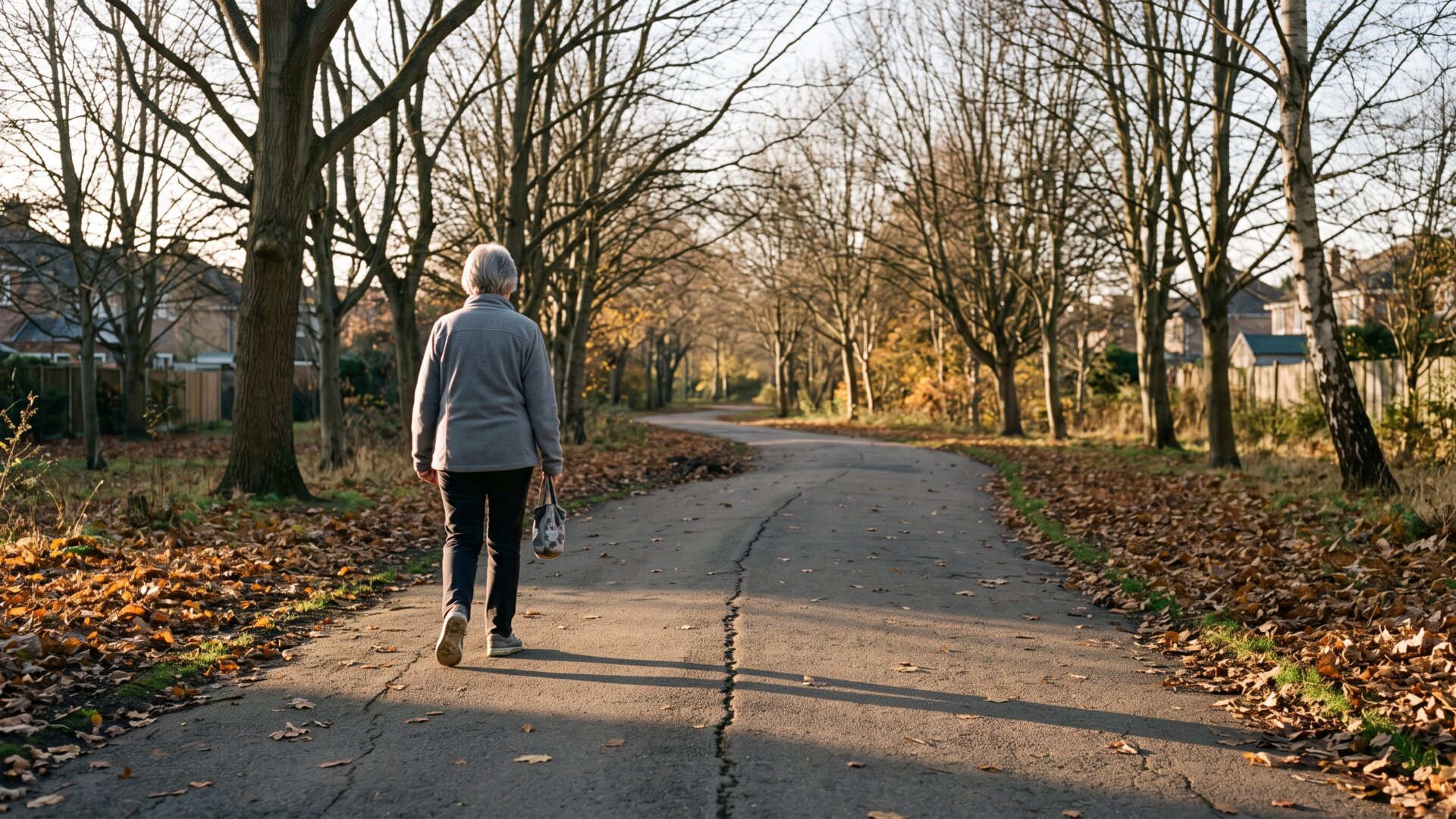 A person walking a paved neighborhood path in the morning, the everyday good-health scenario that slide 10 identifies as the plan's underlying assumption.