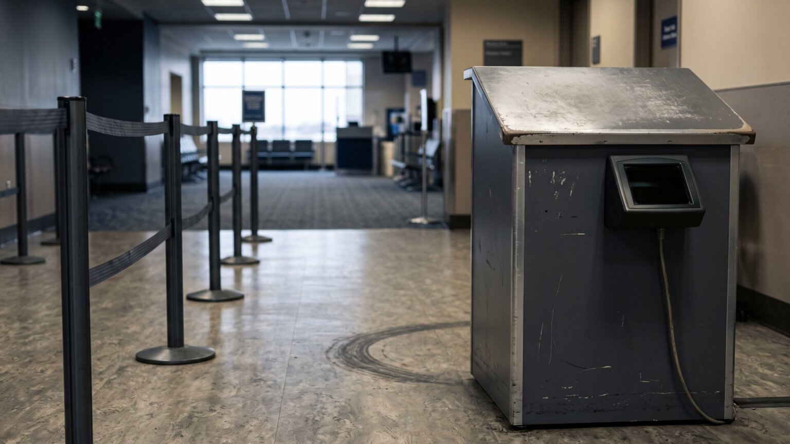 A plain, unmarked airport checkpoint podium with no chair behind it, the physical object at the center of slide 1's story, rendered generically rather than as any identifiable airport.