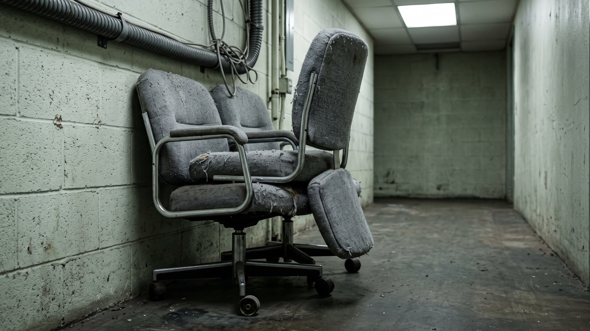 A single stacked office chair pushed against a back-of-house wall, standing in for the union's point in slide 2 that the chairs were removed rather than replaced with anything.