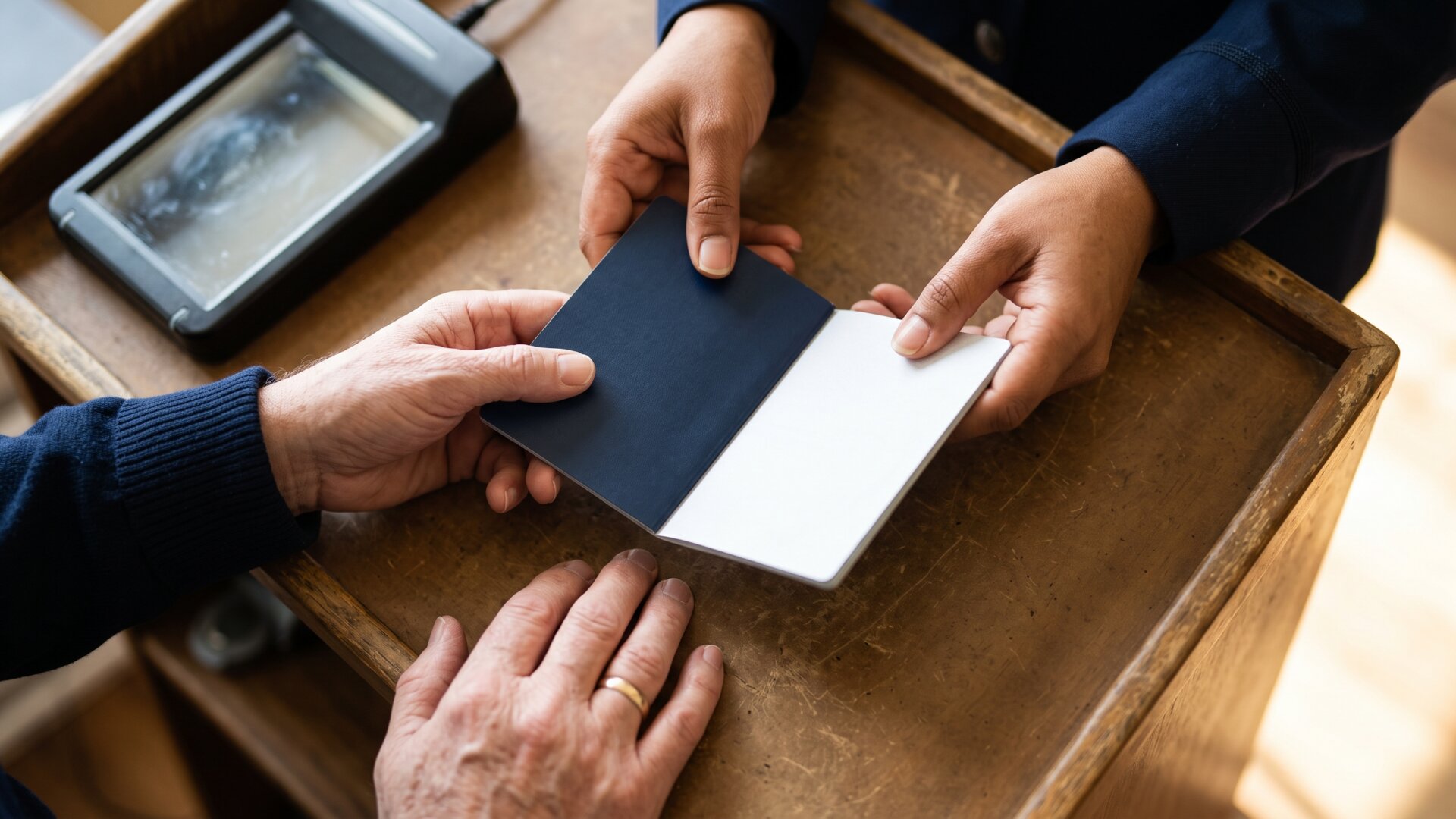 Hands holding a passport and an unmarked card near a small scanner, showing the verification task described in slide 3 without depicting any real traveler or officer.