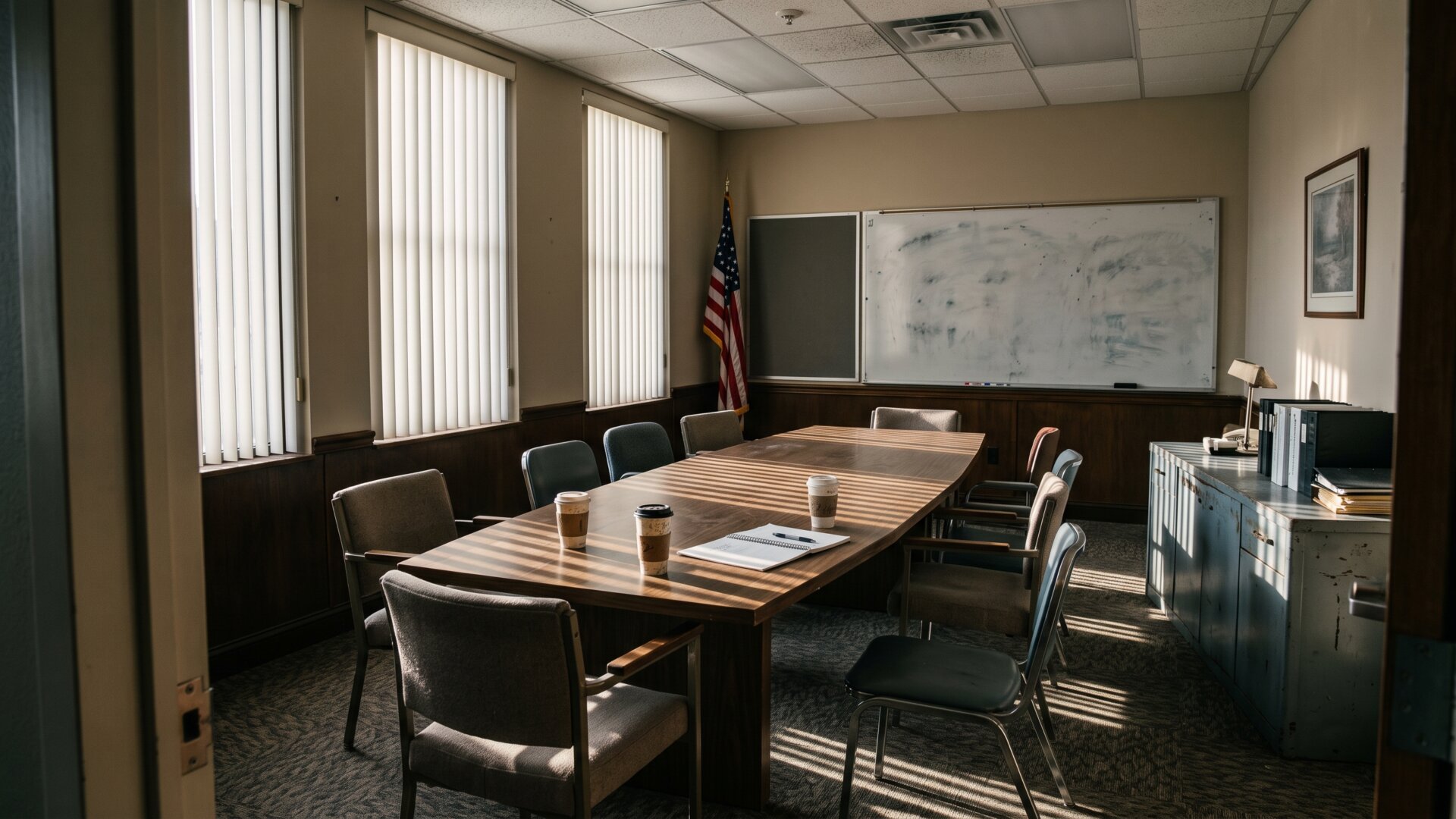 An empty institutional meeting room set for a working session, matching slide 5's account of newly convened strategy meetings without depicting Cummins or any real official.